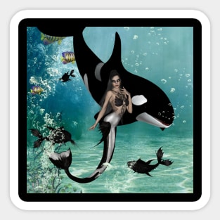 Wonderful mermaid with orca in the deep ocean Sticker